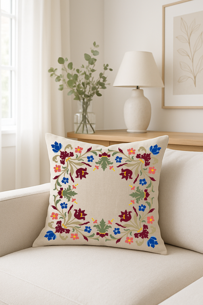 Crimson Bloom – Hand-Painted Floral Linen Pillow Cover