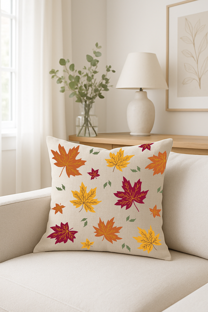 Amber Haze - Hand-Painted Fall Leaves Linen Pillow Cover